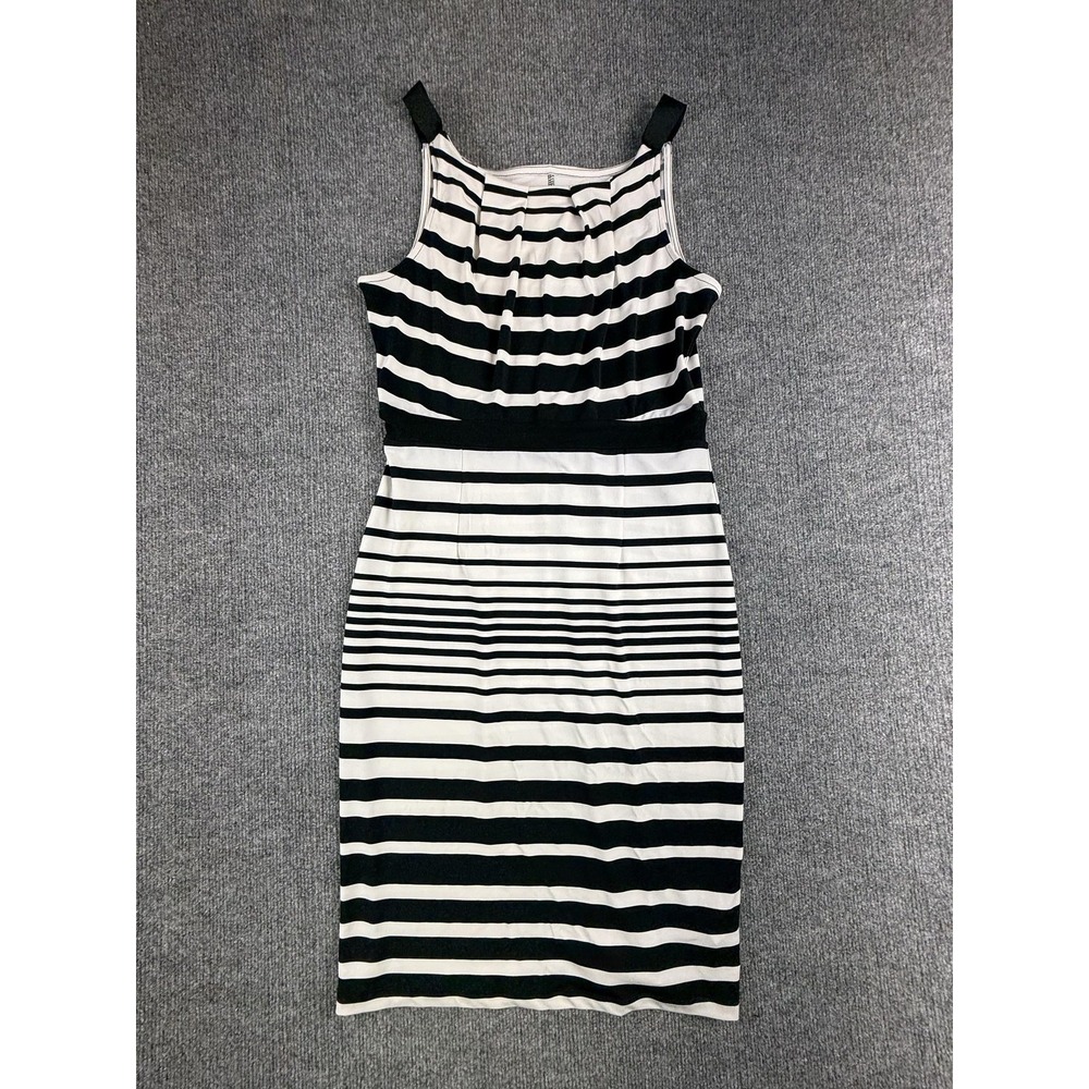 Liz Claiborne Dress Womens Small Black White Striped Scoop Neck Sheath Stretch